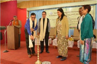 Shri. H. Marwein, I.A.S., Additional Chief Secretary, Social Welfare  etc  and Dr. A. Sinha, Director, AYJNISHD, Mumbai  lighting  the lamp at the Inaugural function of the NER Workshop in presence of Smt. C. Kharkongor, Commissioner for Persons with Disabilities,  Dr. B. Mawlong, Project Director & State Coordinator, SRC and Shri. R. Bhattacharya, Nodal officer SDP & North East Region.
