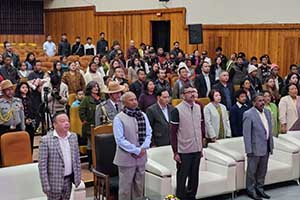 His Excellency, the Governor of Meghalaya, Shri C. H. Vijayashankar, dignitaries, persons with disabilities and participants stand for the National Anthem